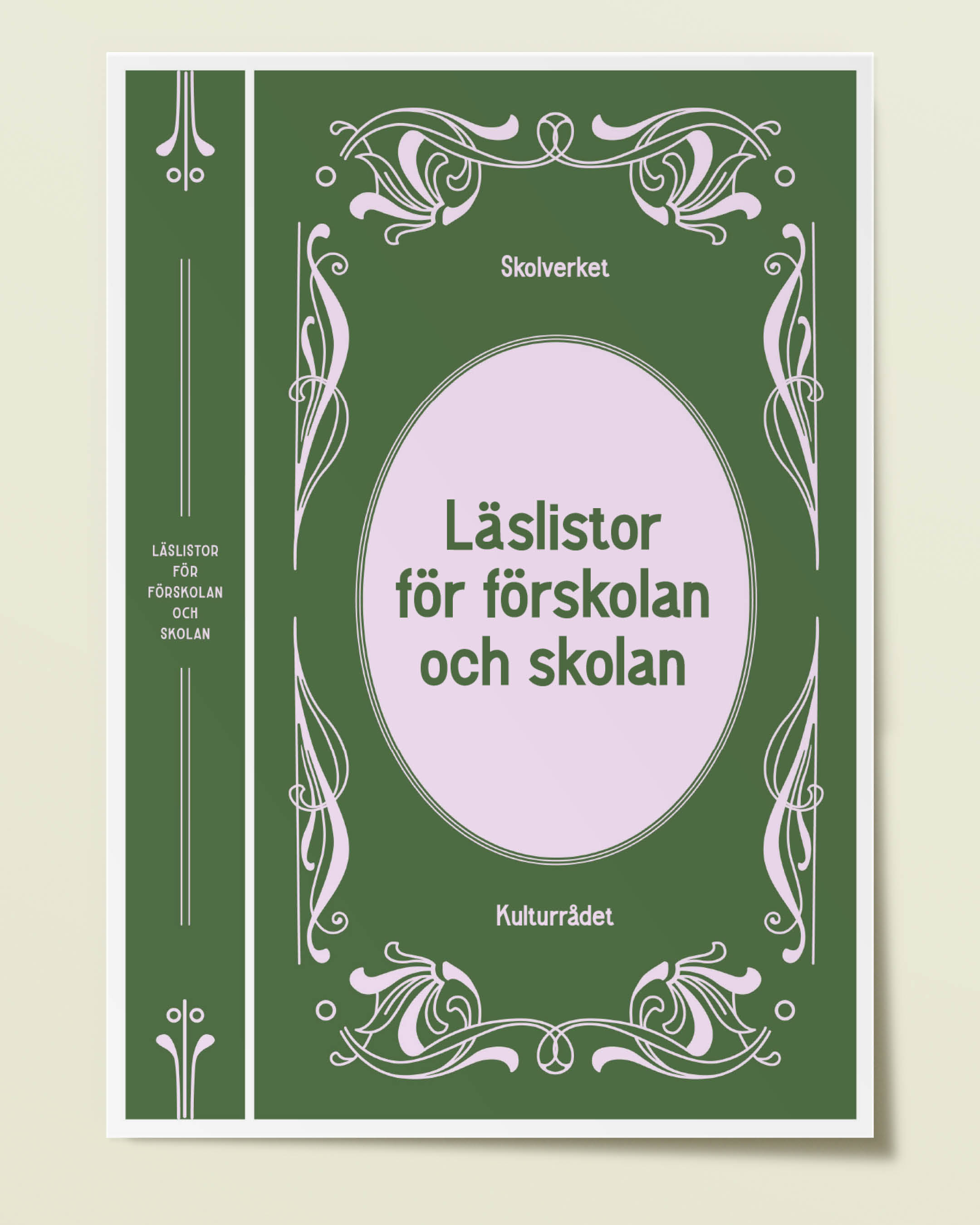 Omslag i grönt och rosa för Läslistor för förskolan och skolan. Designen liknar ett boksomslag med sirlig illustration.