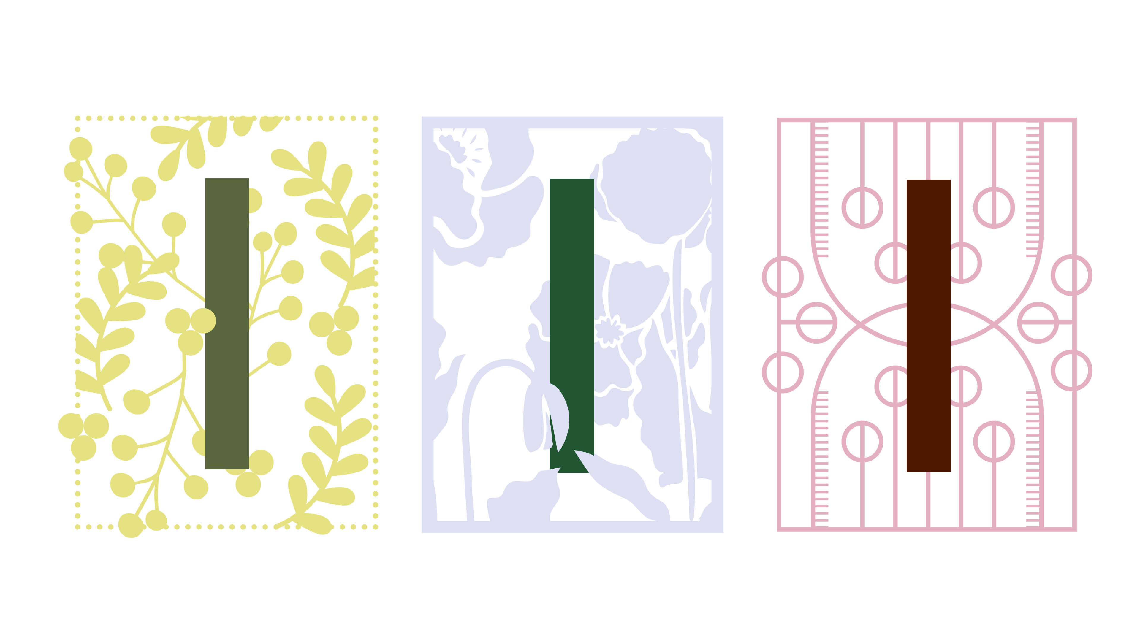 Tre anfanger med tre olika illustrationer.